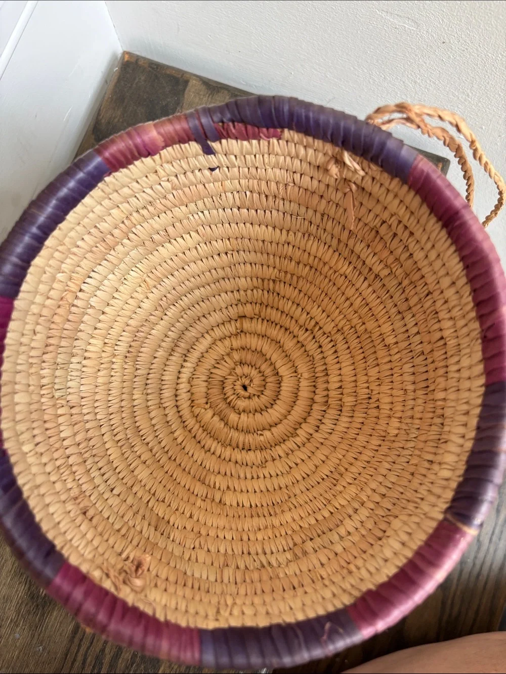 Woven palm leaves? footed basket, purple stripe on rim, 7.5” tall